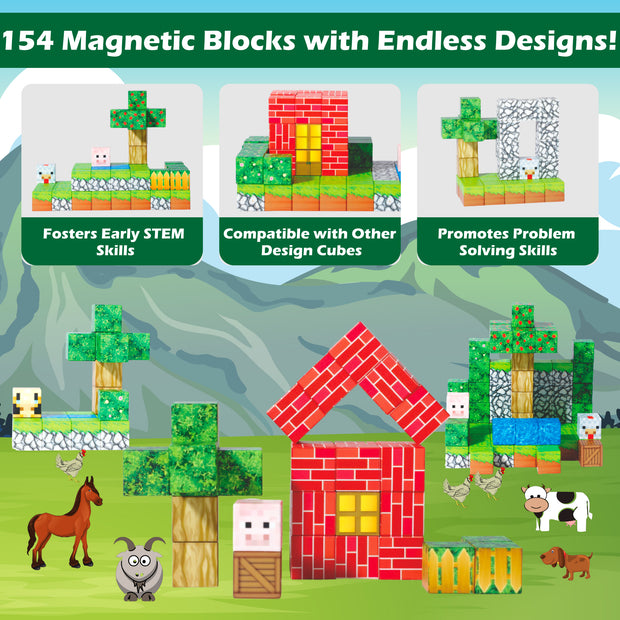 154 Pieces Magnetic Building Blocks Set, Magnet World Farm Set for toddlers ages 3+